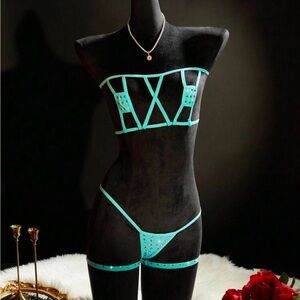 Turquoise Strappy Studded Lingerie Set - Women Intimates dancer stripper outfit